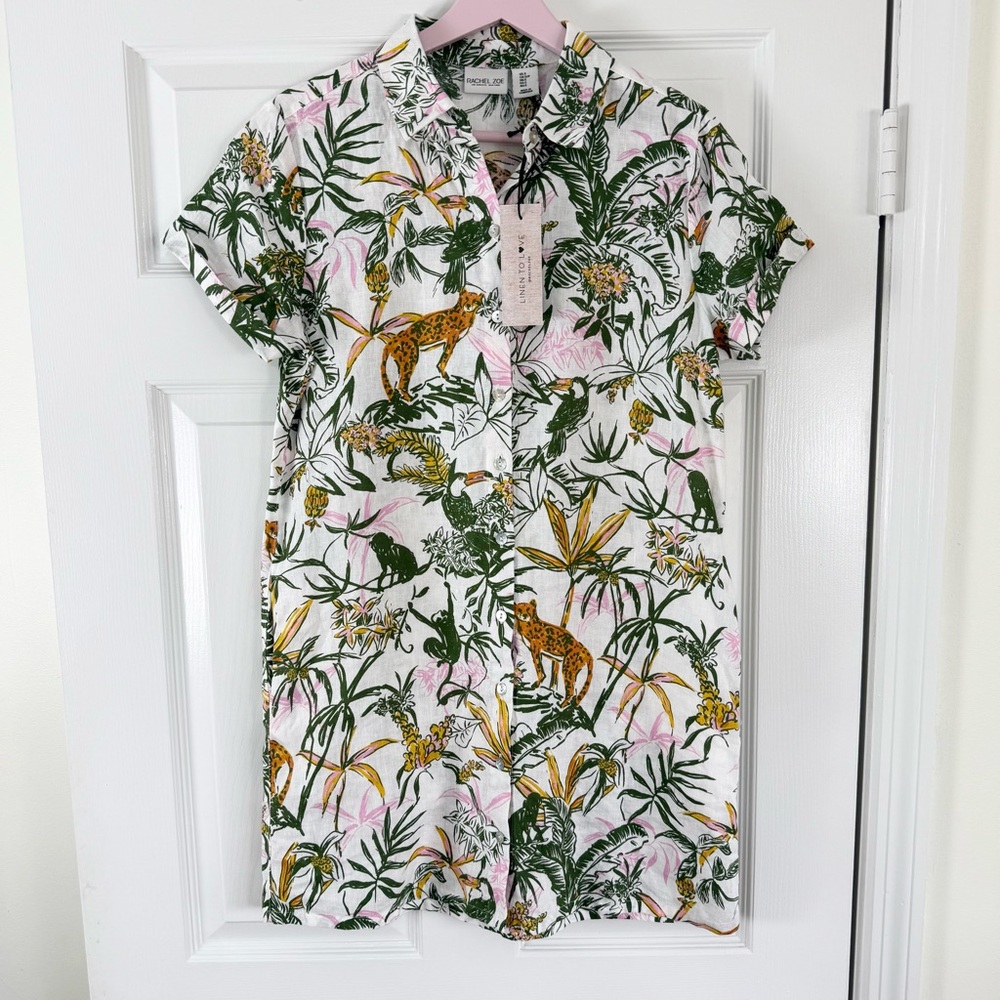 NEW Rachel Zoe 100% Linen Jungle Print Short Shirt Dress Size Small